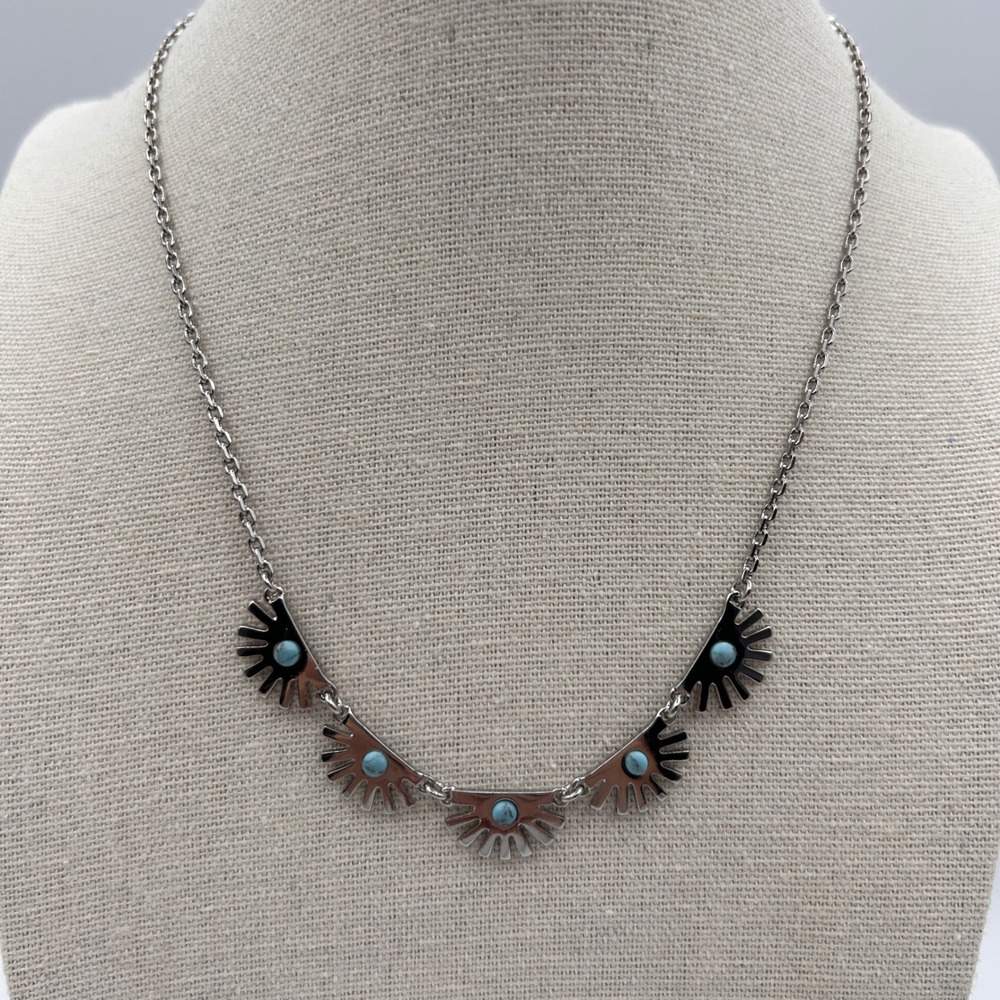 Lia Sophia Silver Tone Turquoise Sunburst Geometric Fan Pendant Necklace